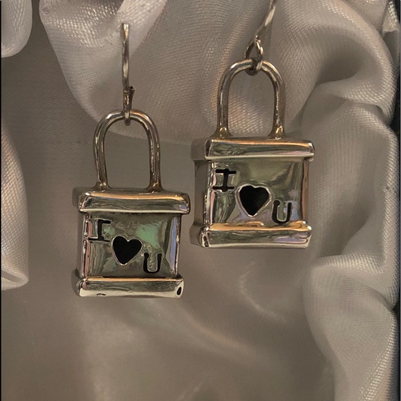 Vintage Jewelry - Vintage Sterling Silver I LOVE YOU Lock Earrings